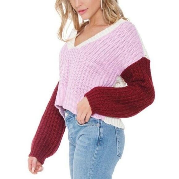 Wildfox NWT Colorblock V-Neck chunky knit Cropped Sweater Large pink maroon - Picture 9 of 12